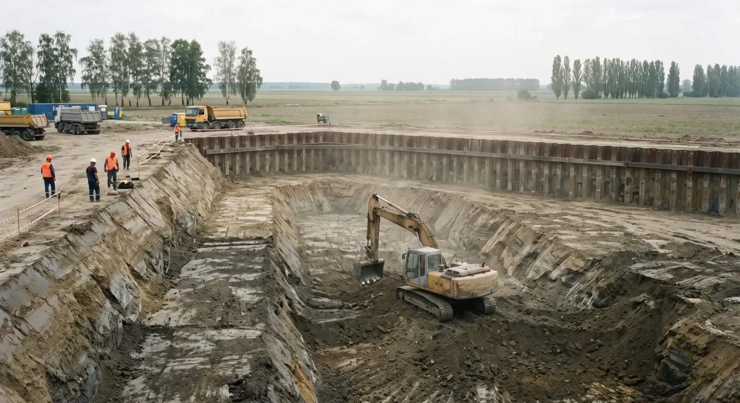 Koparka w wykopie fundamentowym zabezpieczonym ścianką szczelną