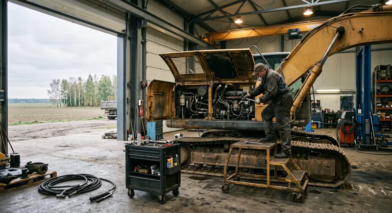 Mechanik przy naprawie koparki w warsztacie